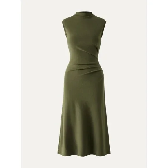 OGL Move Mockneck Tucks Slim Fit Midi Length Dress Ruched Olive Green Size M NEW - Picture 4 of 16